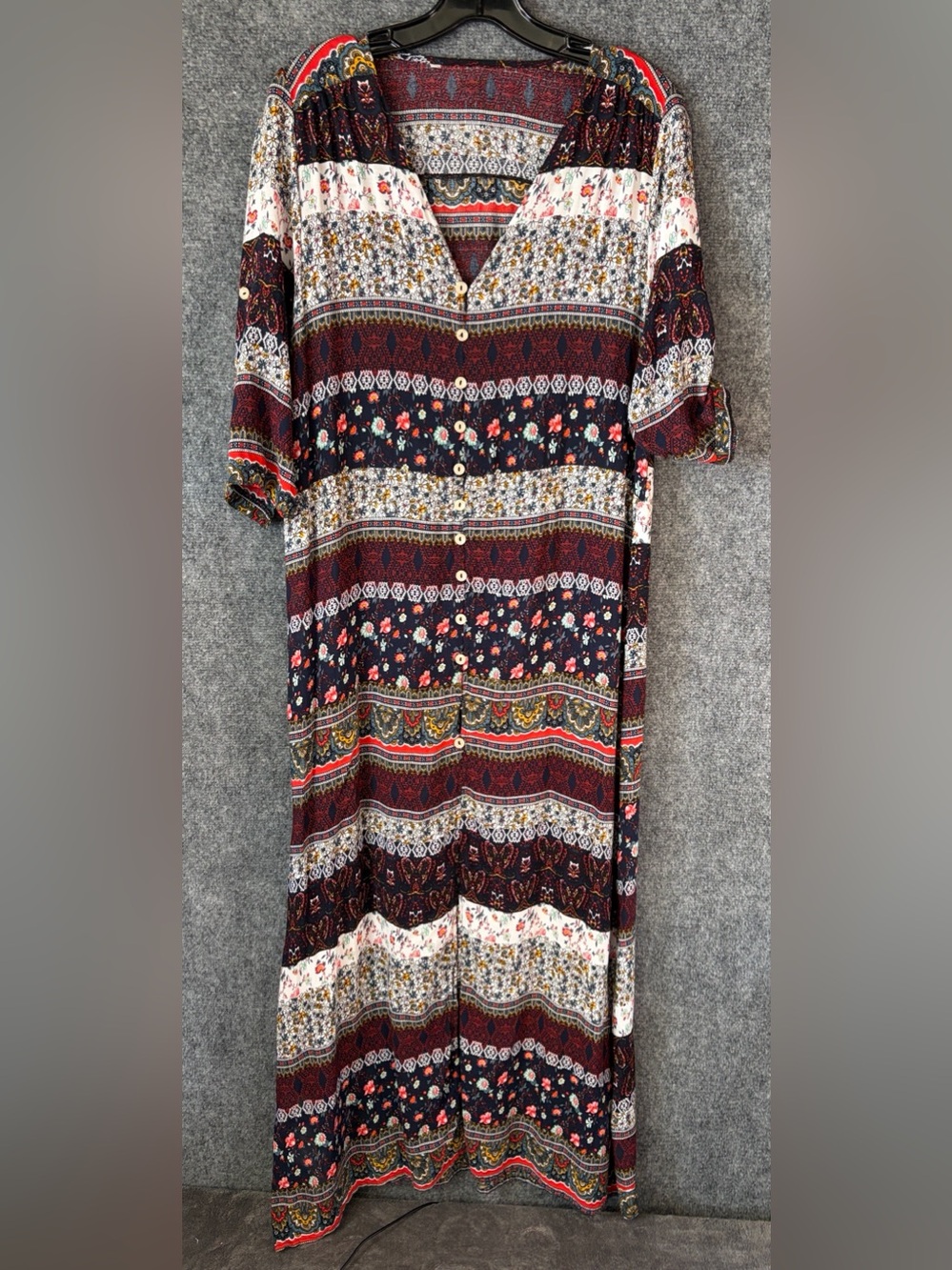 Boho Button-Front Maxi Dress in Burgundy Floral